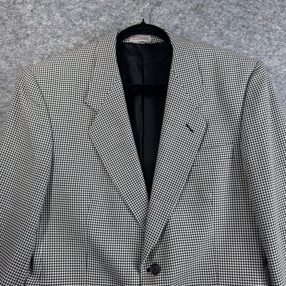 Vintage Black White Wool Houndstooth Checkered Academia Double Breasted Blazer - Picture 2 of 16